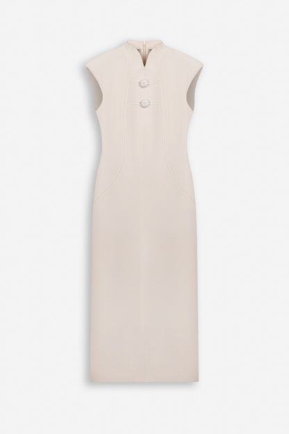 Padded-Shoulder Button-Detail Maxi Dress