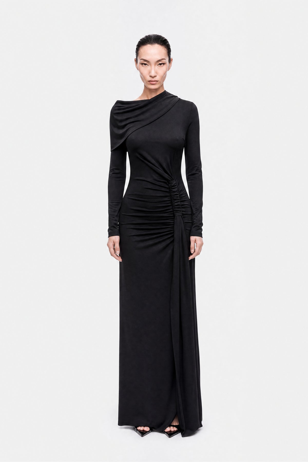Asymmetric Neck Draped Maxi Dress