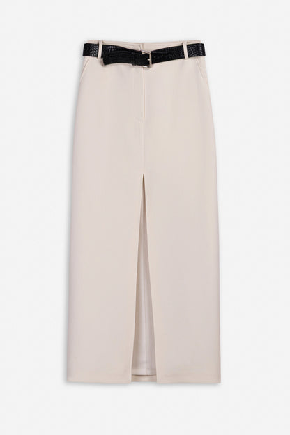 Belted Front-Slit Maxi Skirt