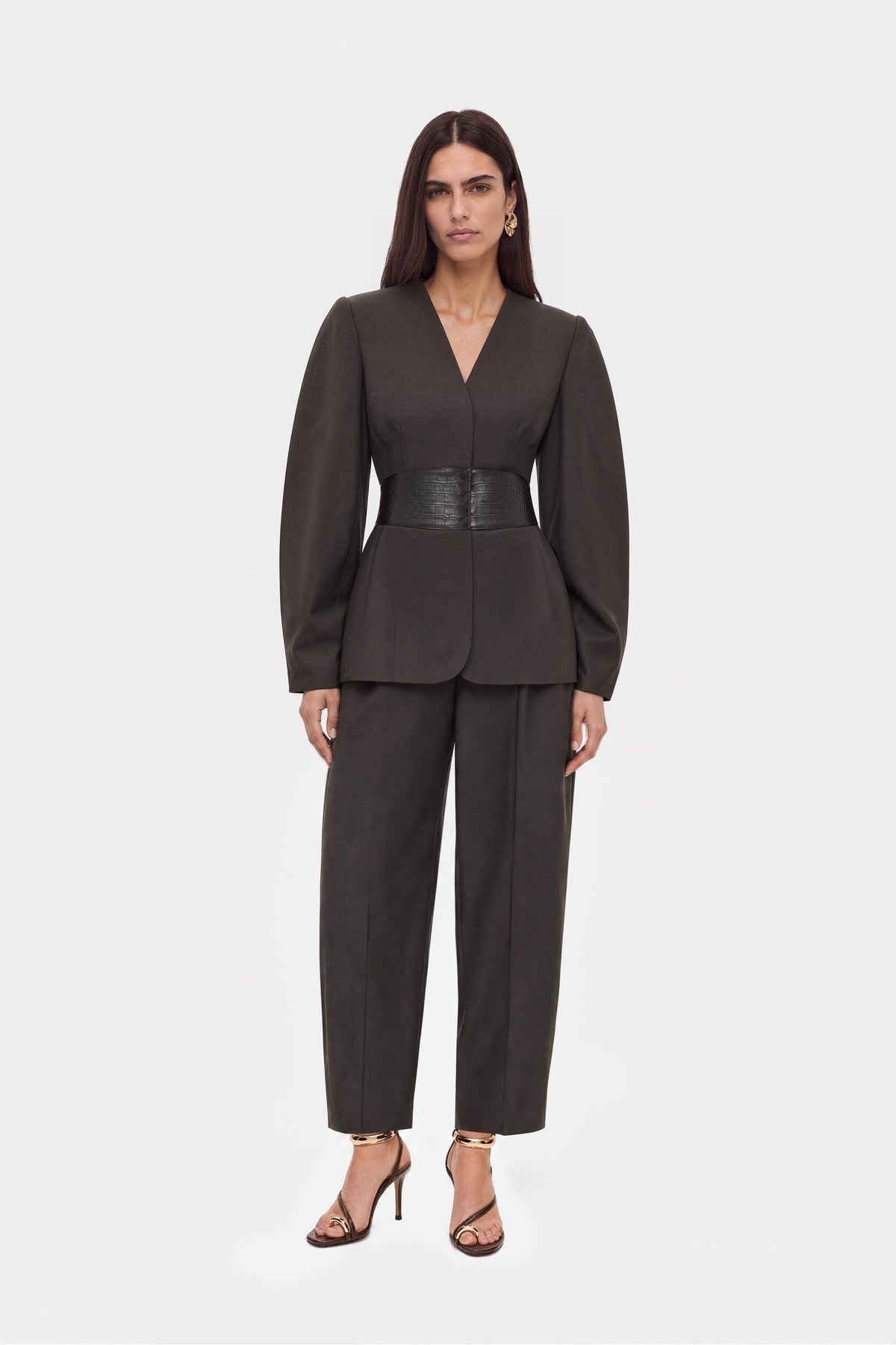 Croc Effect Belted Collarless Jacket