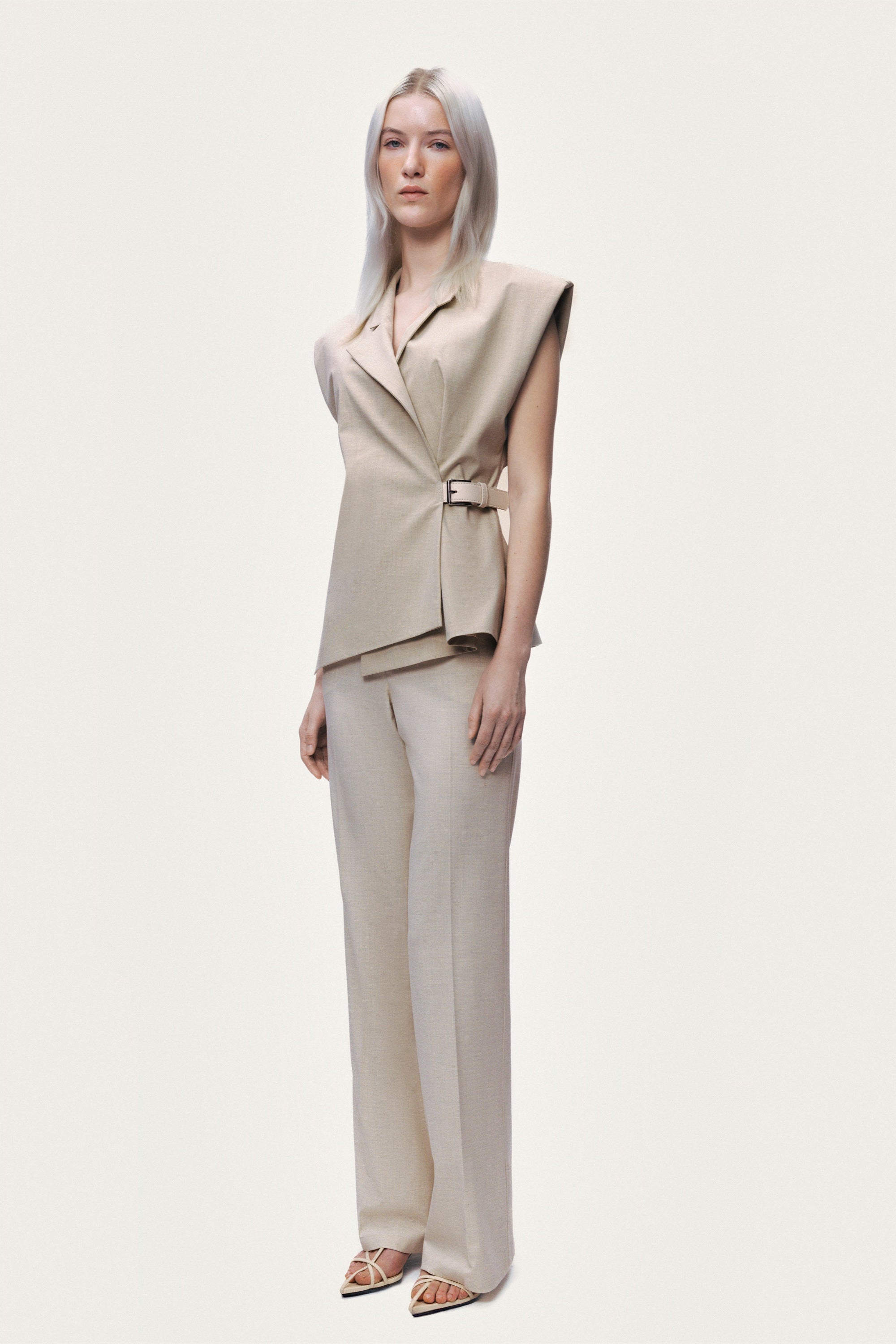 Belted Double-Breasted Sleeveless Woven Vest