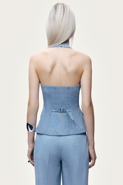 Blue Denim Halterneck Peplum Bustier Top