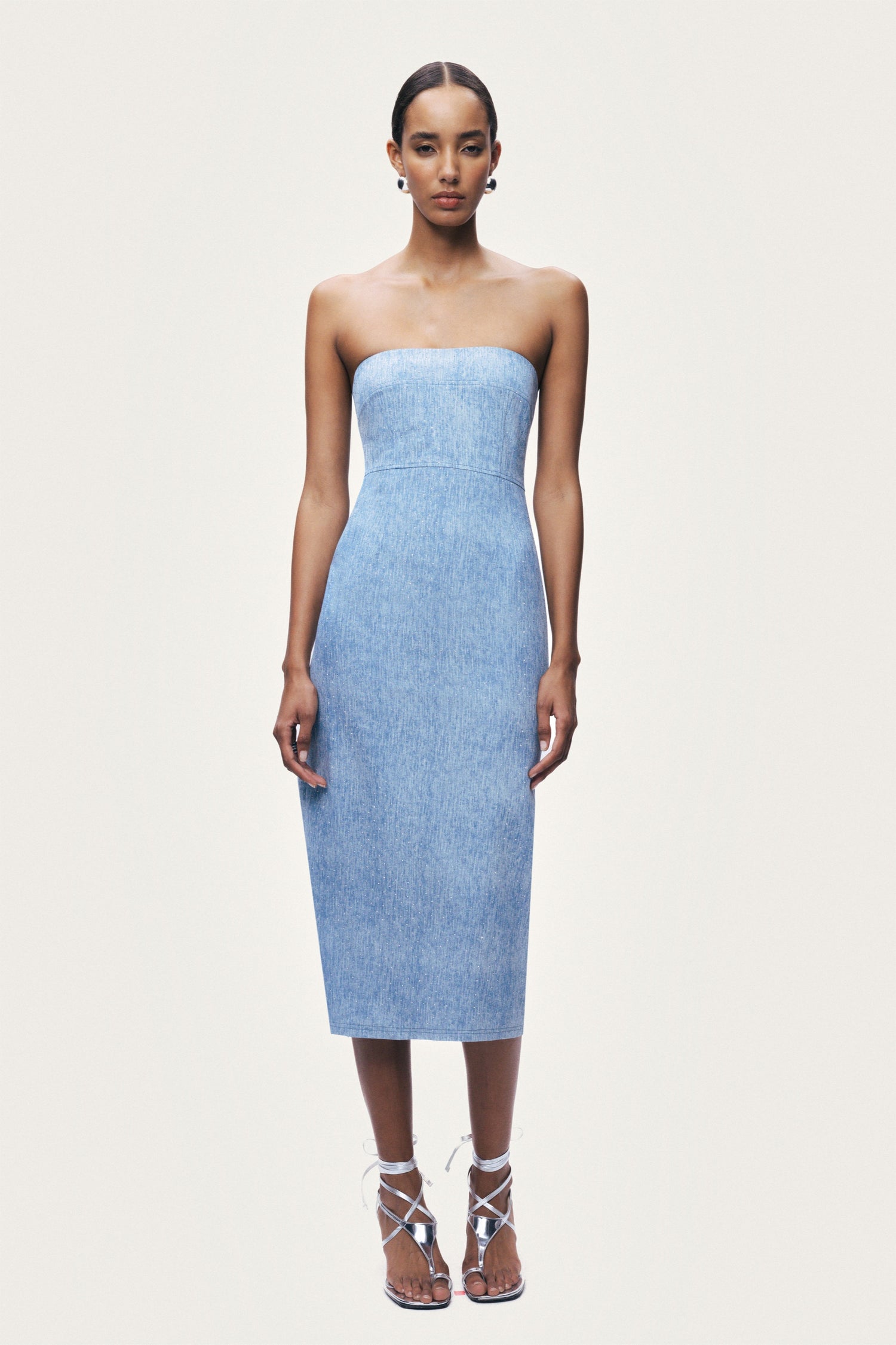 Stone Detail Strapless Midi Dress