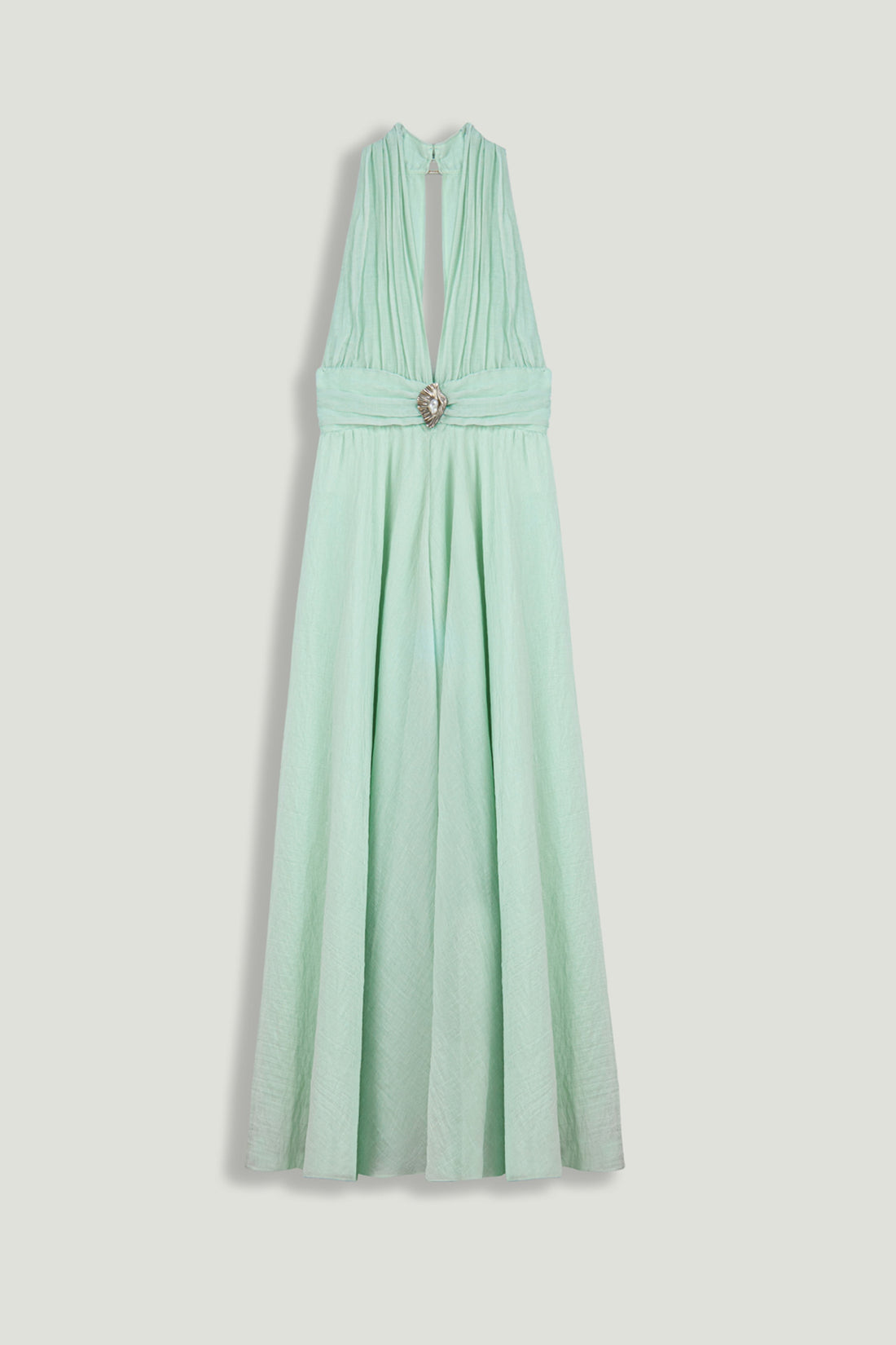 Pleated Halterneck Maxi Dress with Brooch Detail