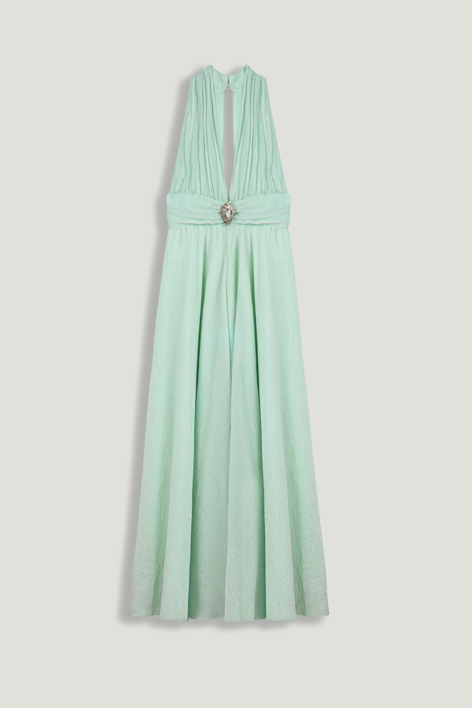 Pleated Halterneck Maxi Dress with Brooch Detail