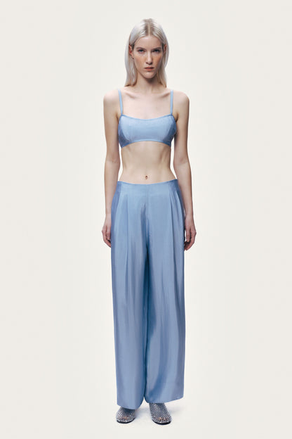 Blue Wide Leg Pleat Front Trousers