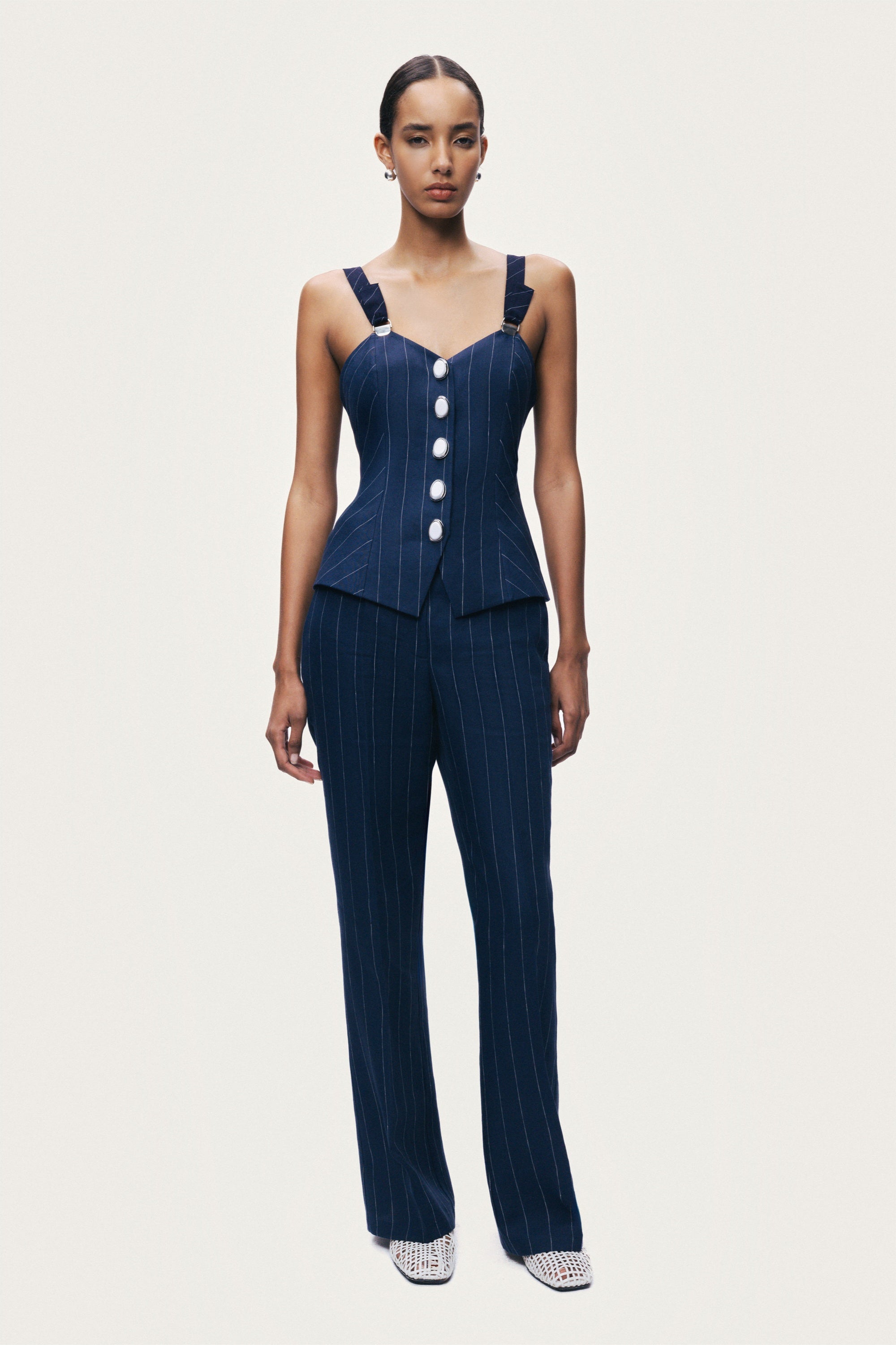 Navy Pinstripe Wide Leg Trousers