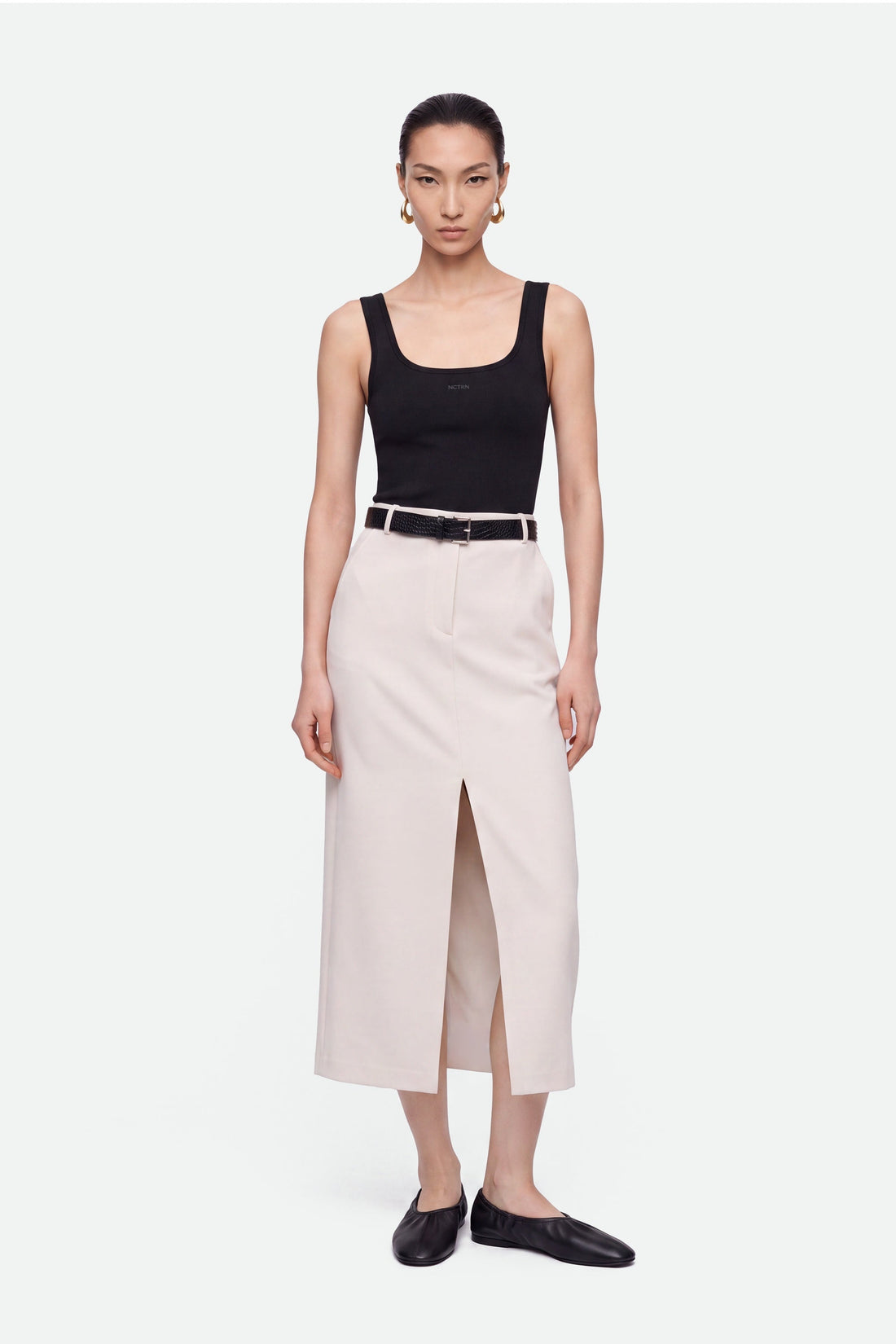 Belted Front-Slit Maxi Skirt