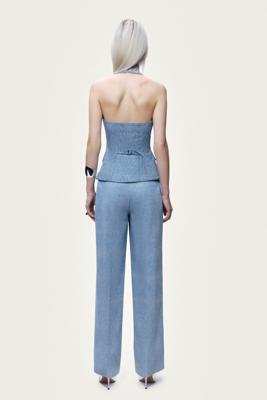 Blue Denim Halterneck Peplum Bustier Top