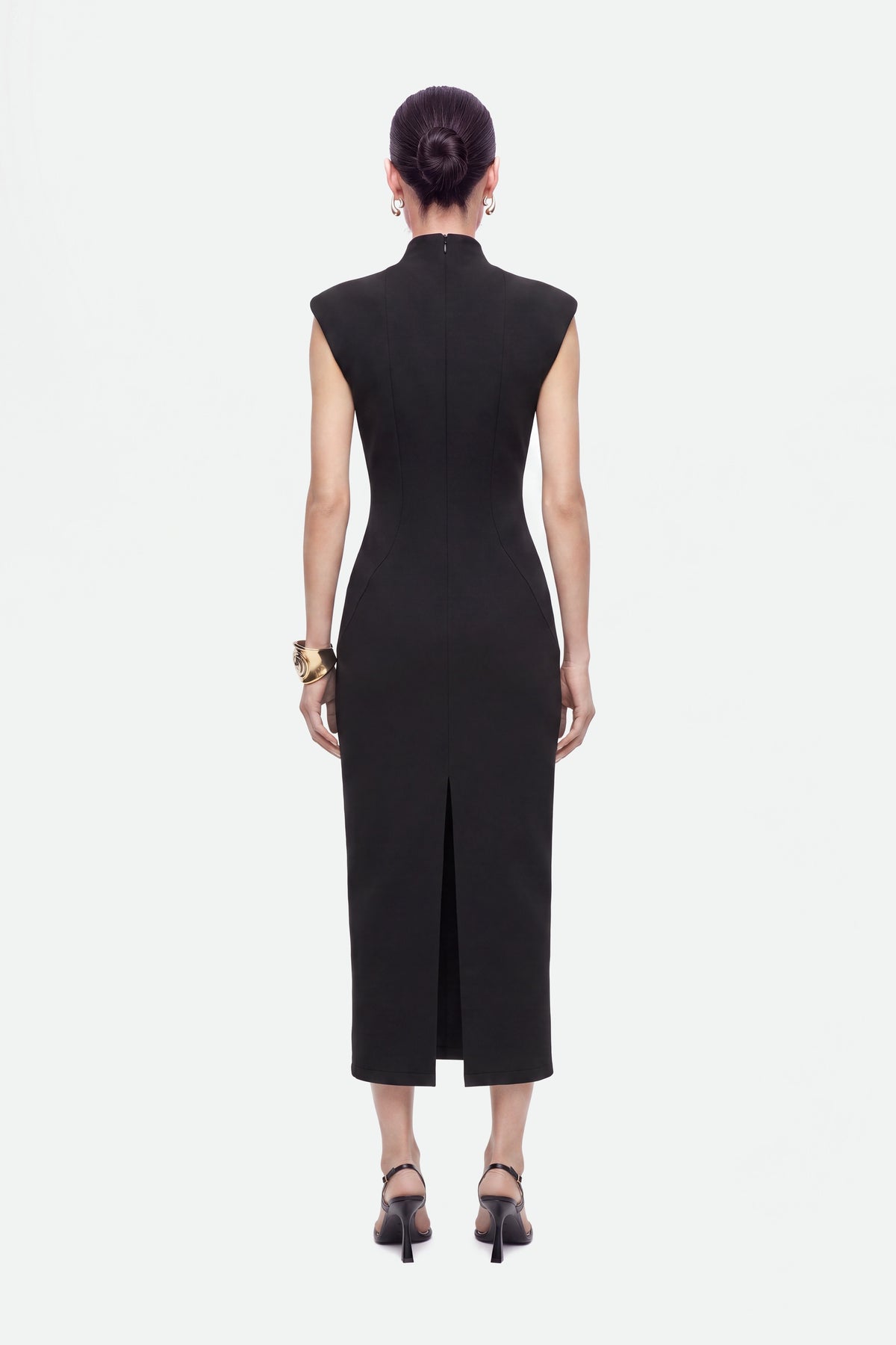 Padded-Shoulder Button-Detail Maxi Dress