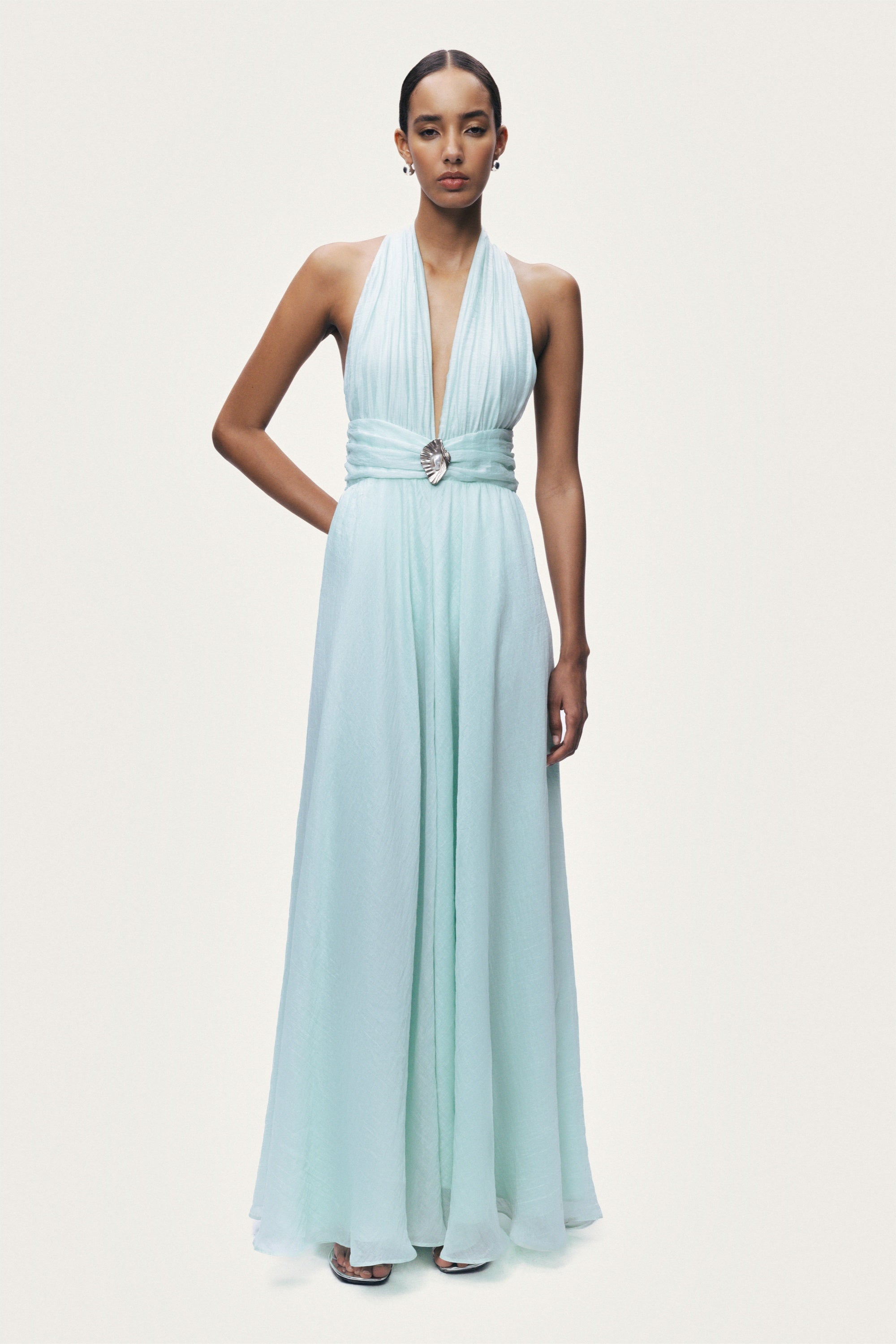 Pleated Halterneck Maxi Dress with Brooch Detail