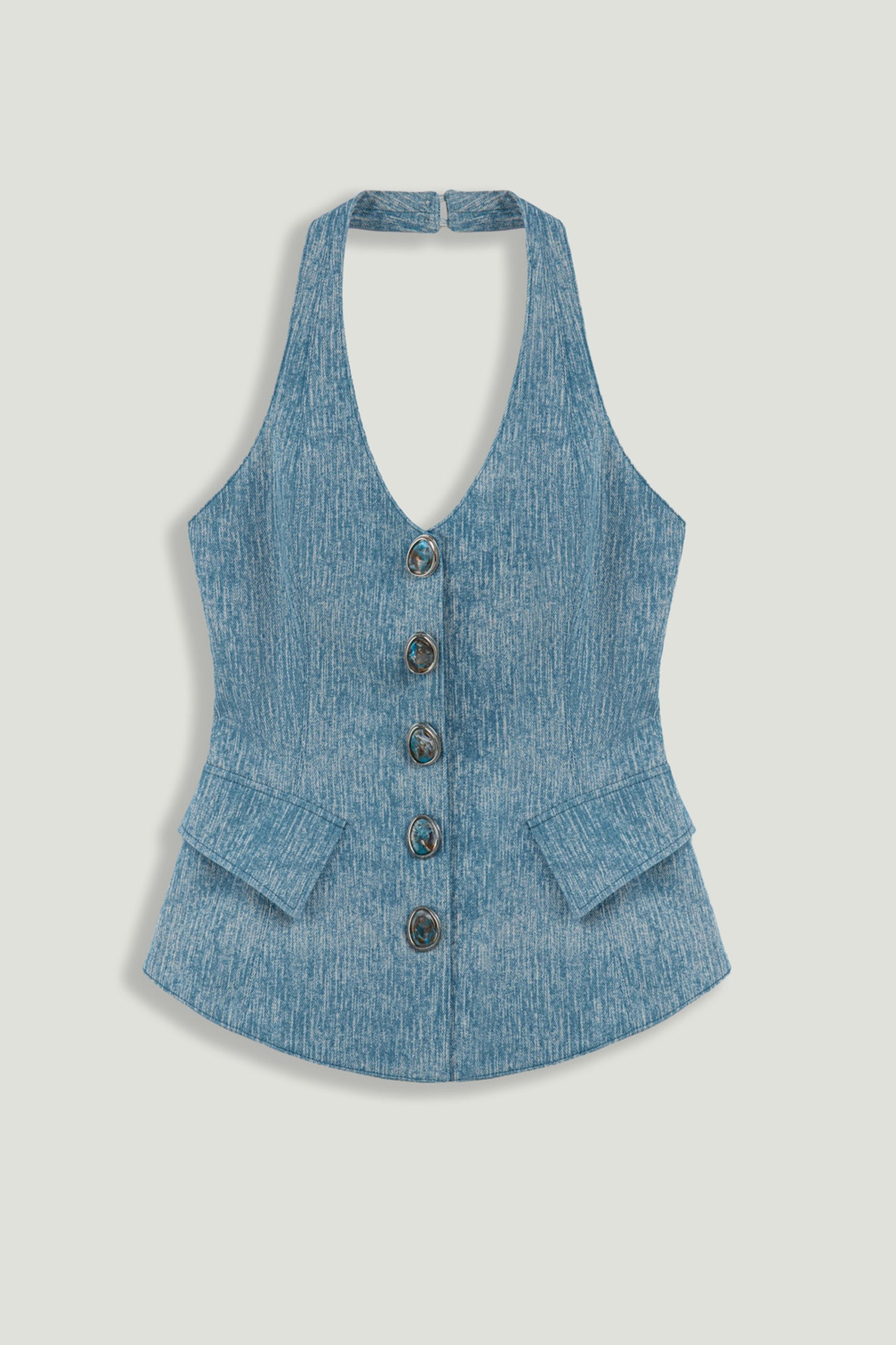 Blue Denim Halterneck Peplum Bustier Top