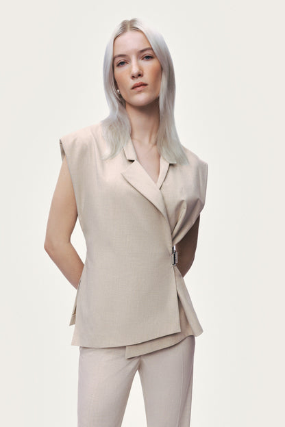 Belted Double-Breasted Sleeveless Woven Vest