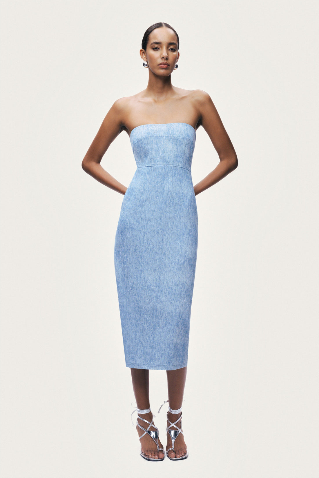 Stone Detail Strapless Midi Dress
