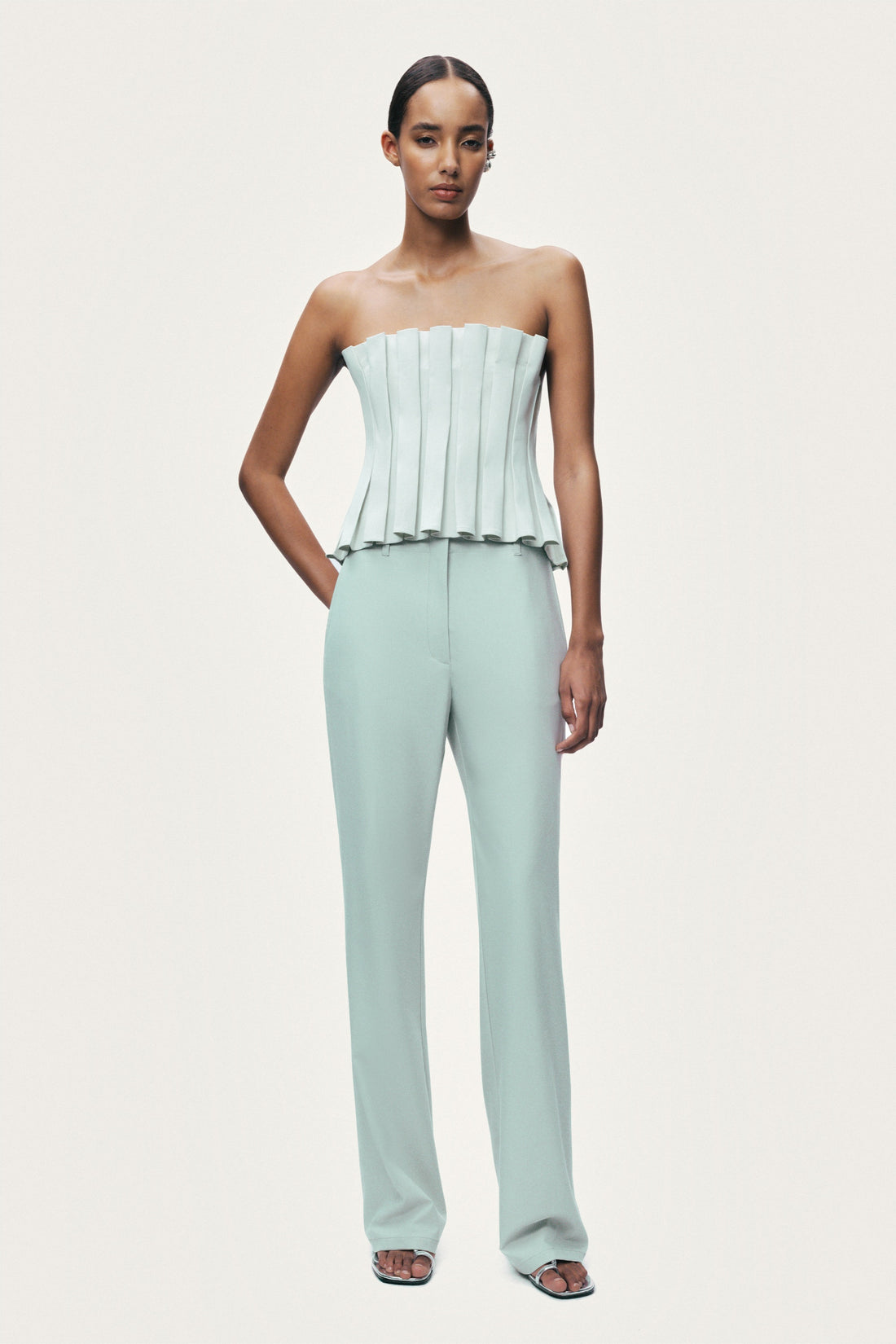 Mint Pleated Strapless Corset Bustier Top
