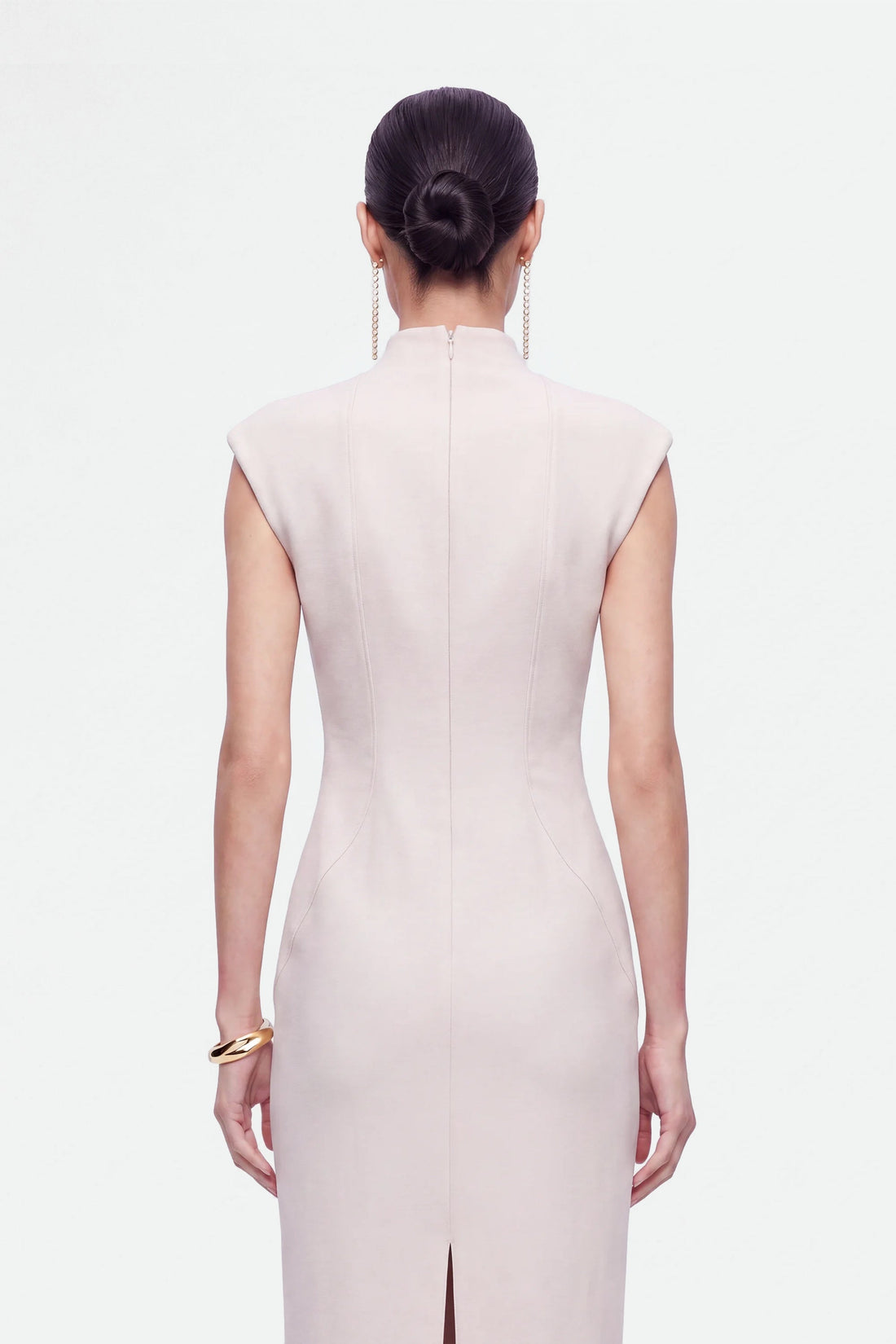 Padded-Shoulder Button-Detail Maxi Dress
