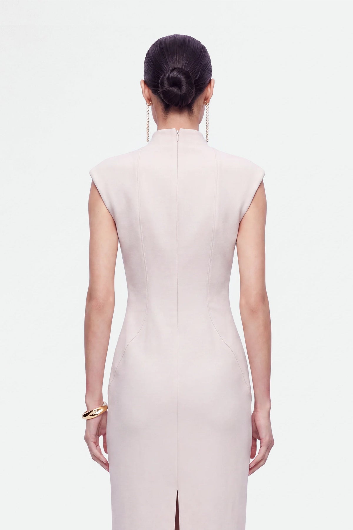 Padded-Shoulder Button-Detail Maxi Dress