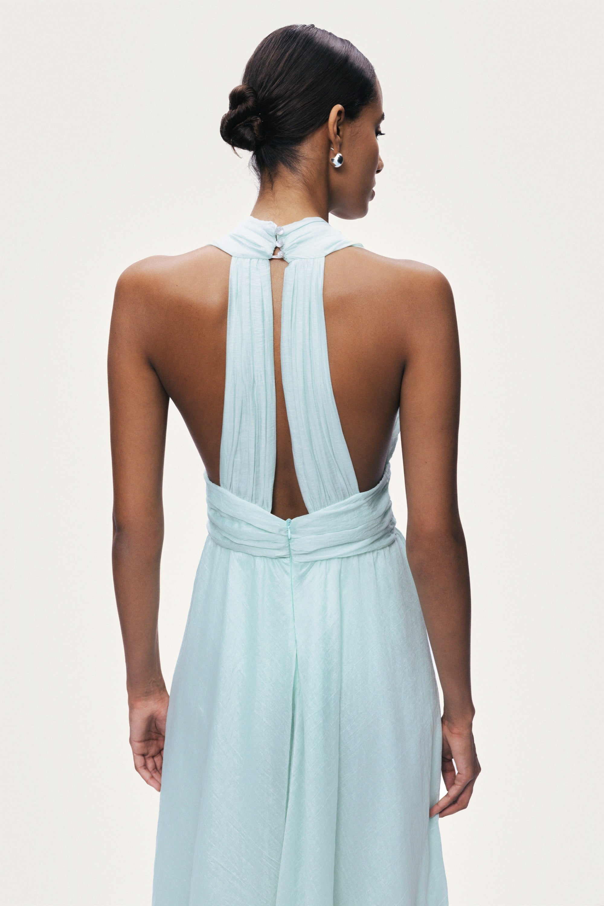 Pleated Halterneck Maxi Dress with Brooch Detail