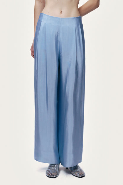 Blue Wide Leg Pleat Front Trousers