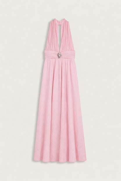 Pleated Halterneck Maxi Dress with Brooch Detail
