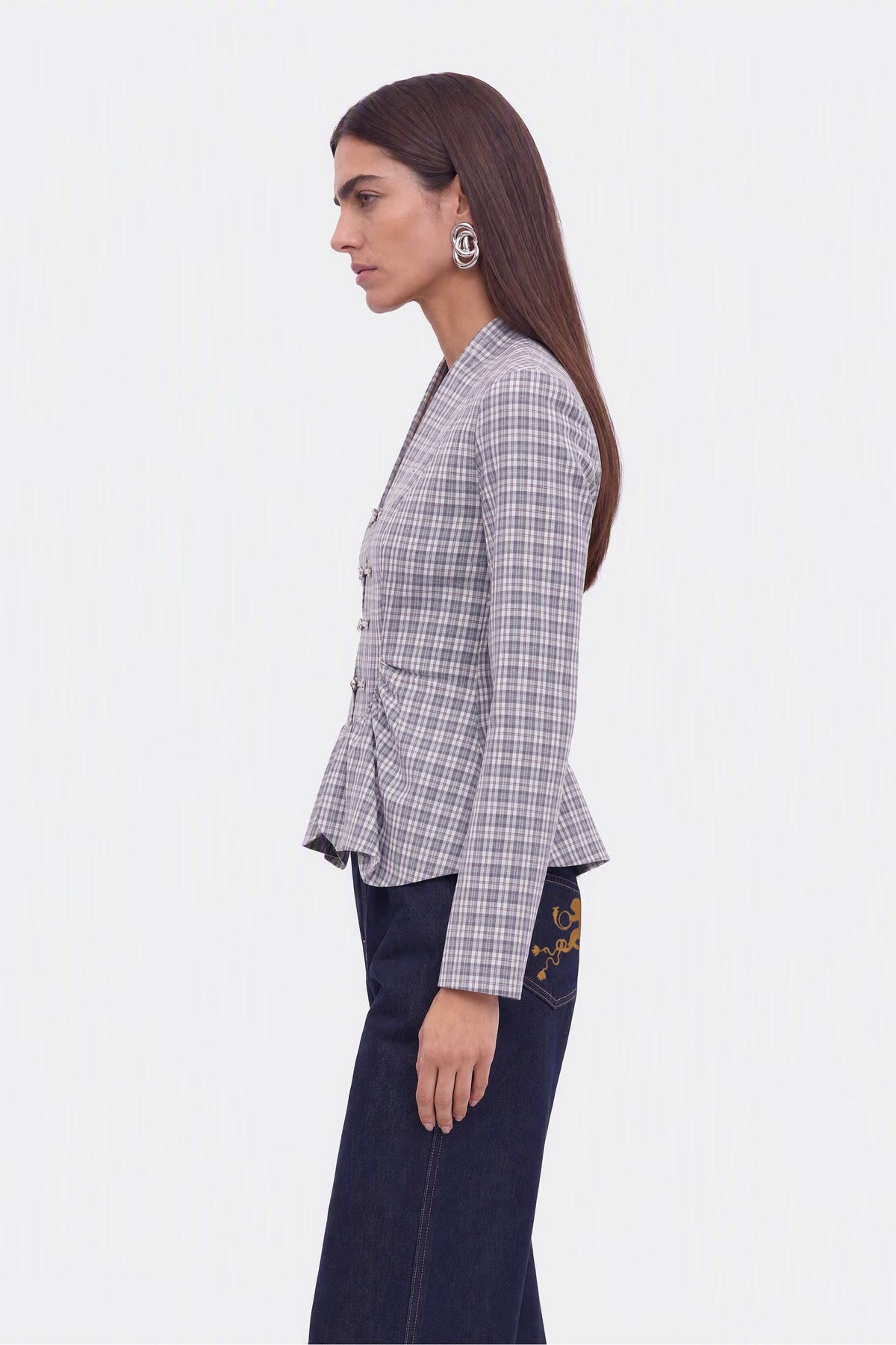 Checked Clasp Peplum Blouse