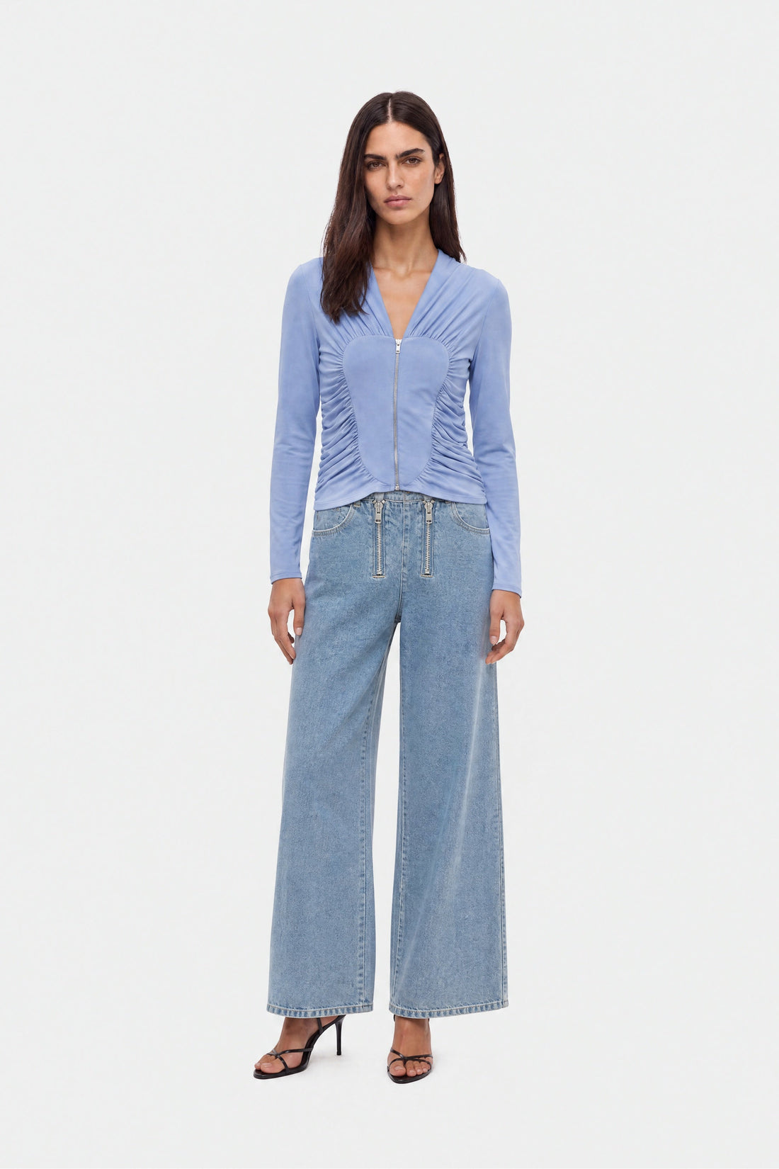 Ruched Metal Zip Blouse