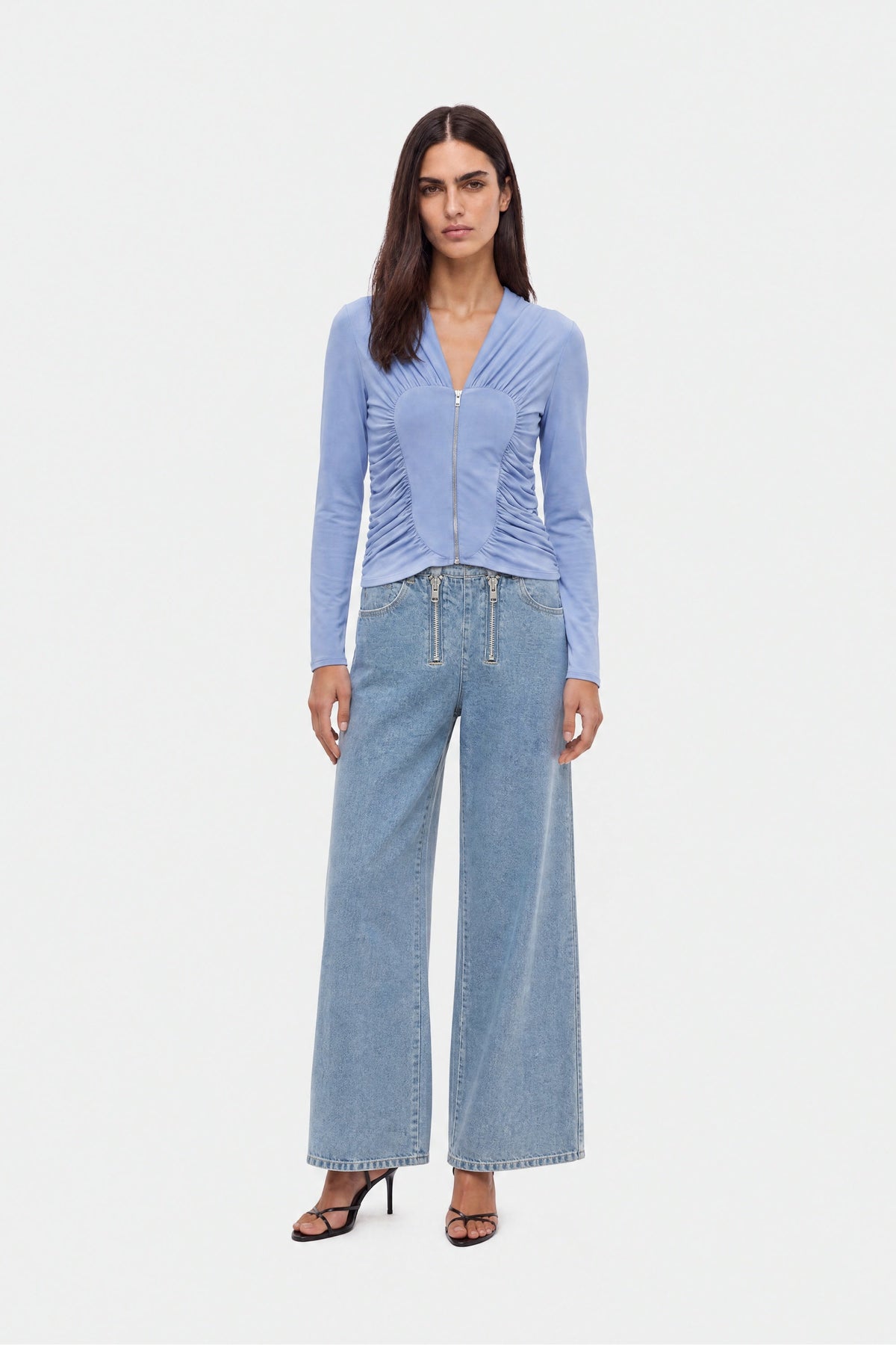 Ruched Metal Zip Blouse