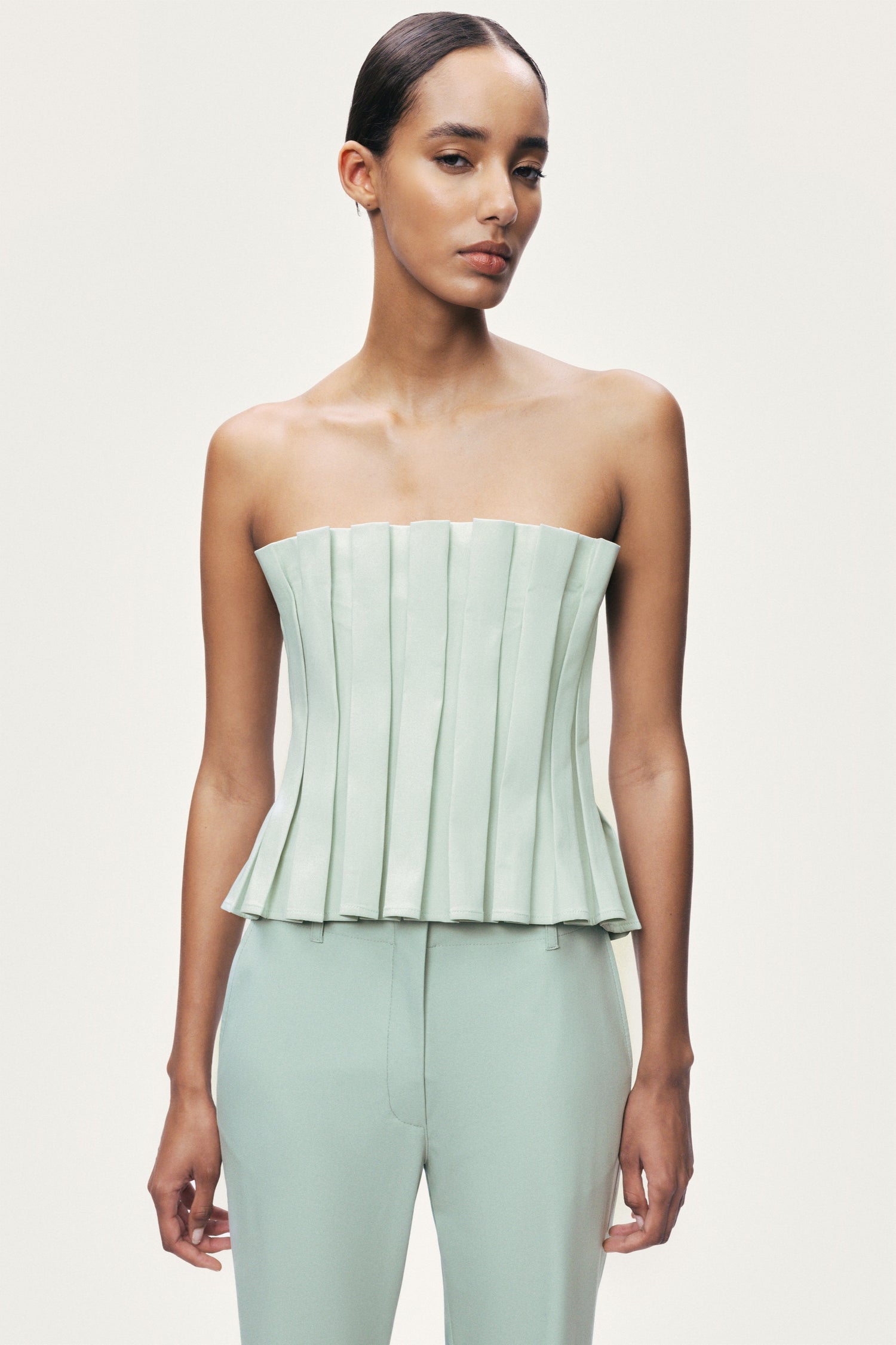 Mint Pleated Strapless Corset Bustier Top
