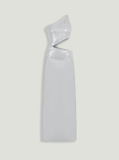 Sequin One-Shoulder Cutout Maxi Dress