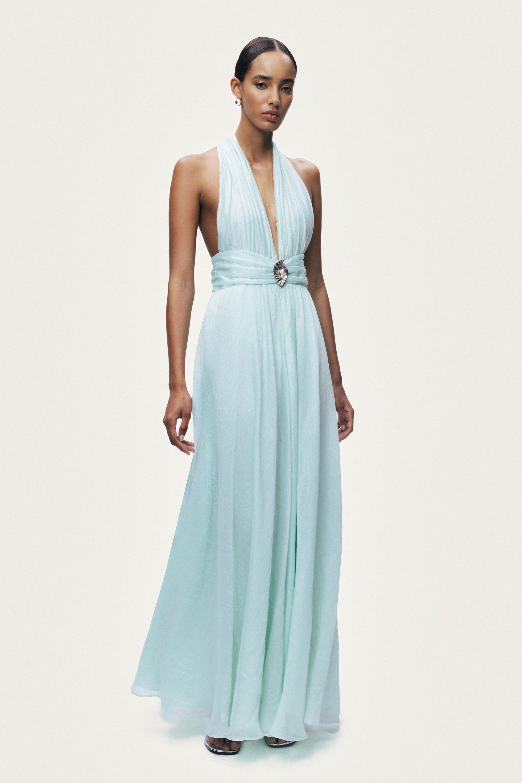 Pleated Halterneck Maxi Dress with Brooch Detail