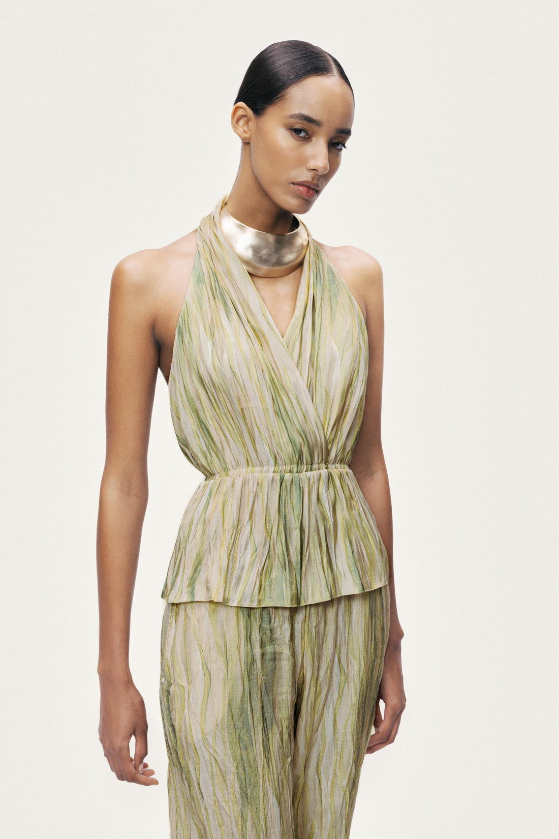Printed Halterneck Peplum Top with Ring Chain Back Detail