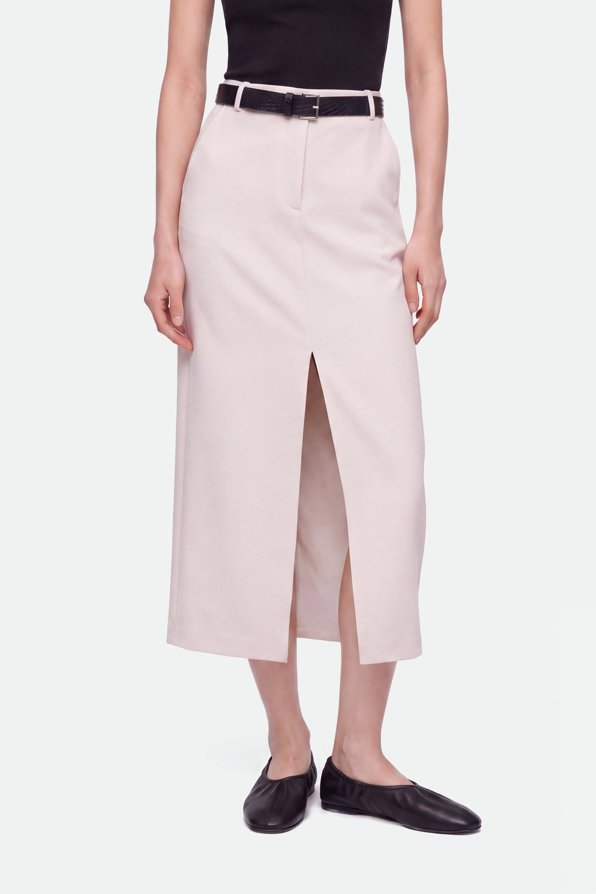 Belted Front-Slit Maxi Skirt