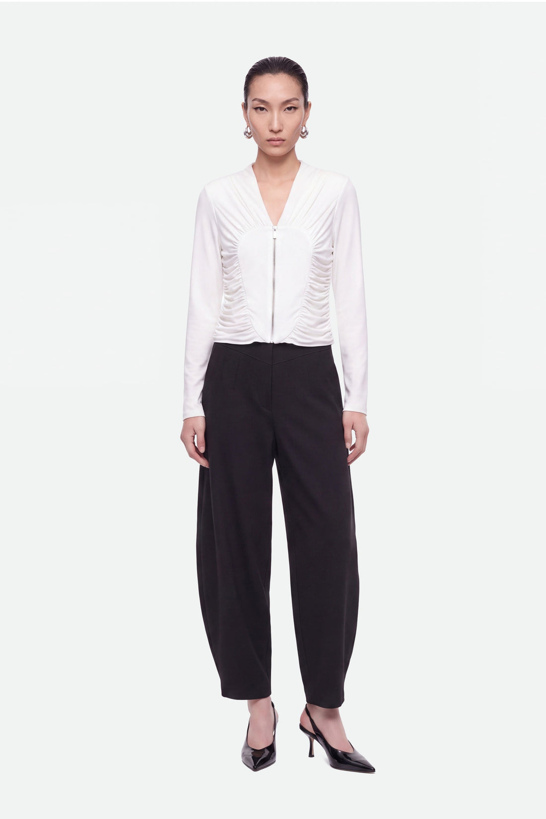 Ruched Metal Zip Blouse
