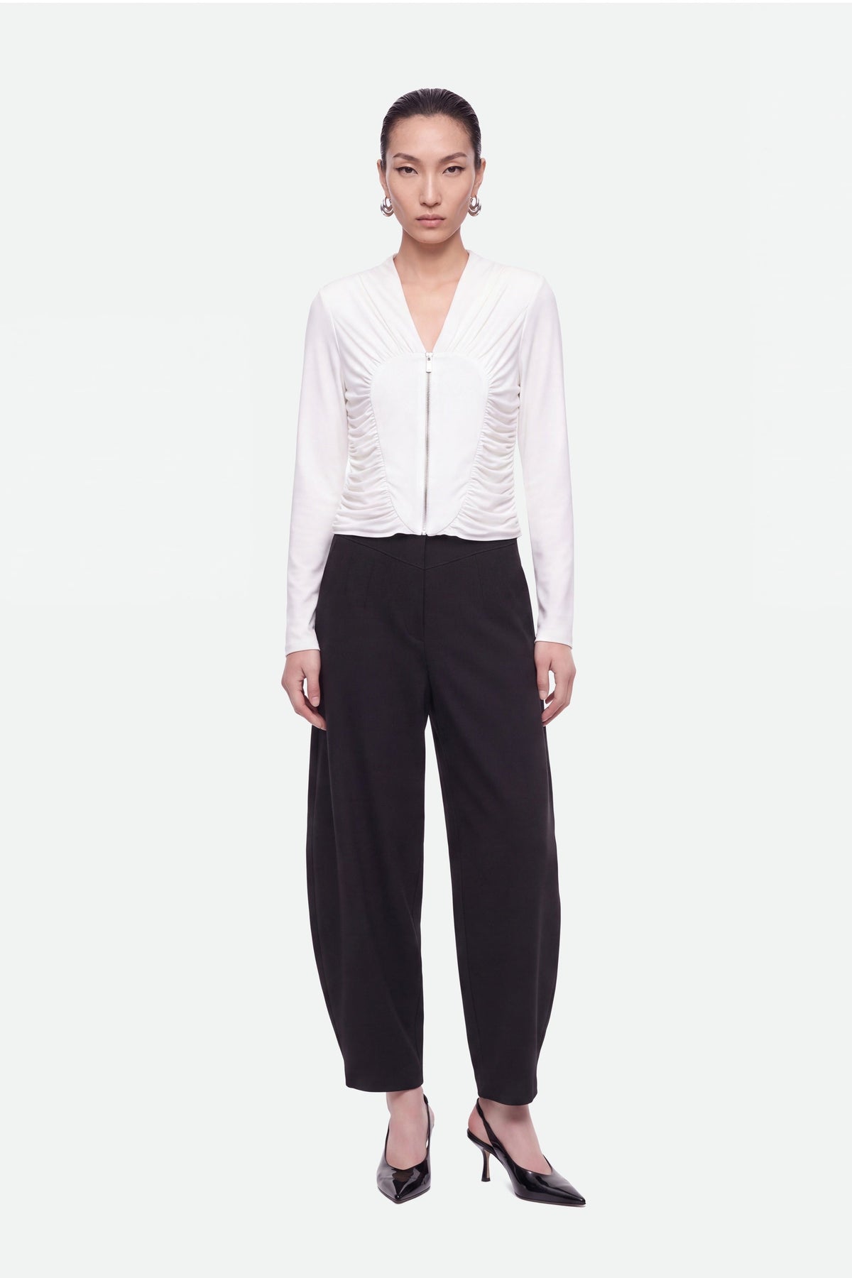 Ruched Metal Zip Blouse