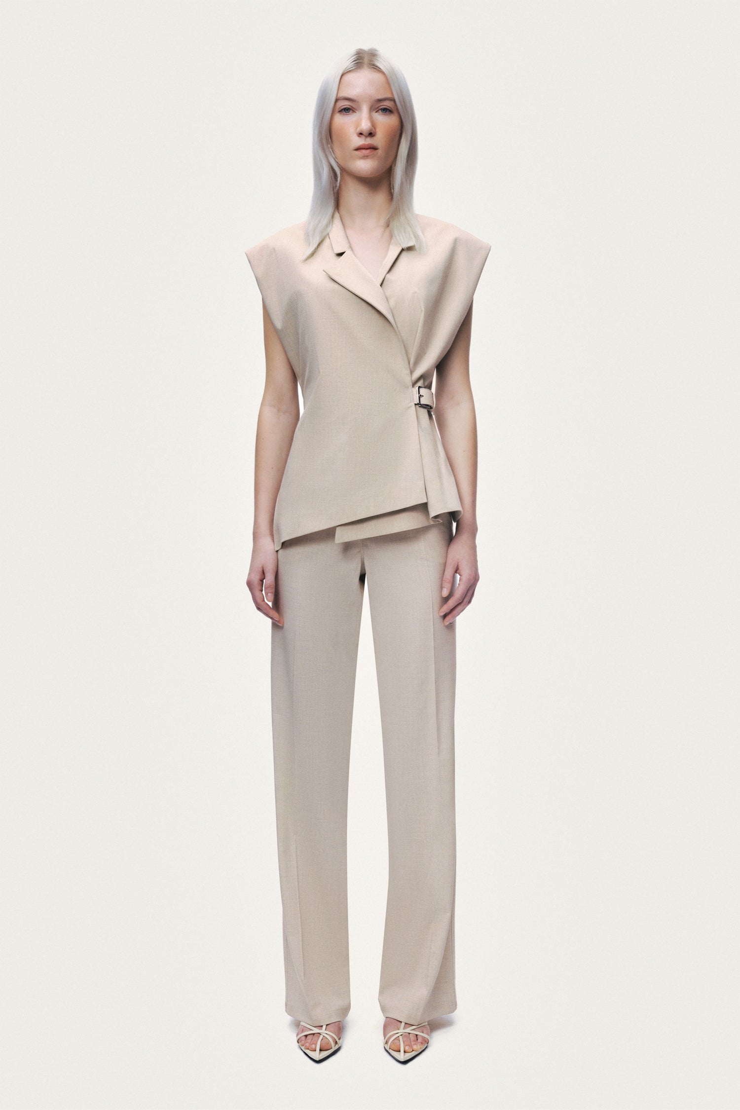 Belted Double-Breasted Sleeveless Woven Vest