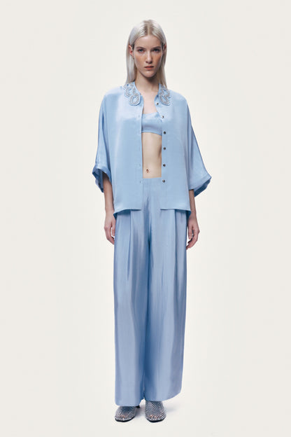 Blue Wide Leg Pleat Front Trousers