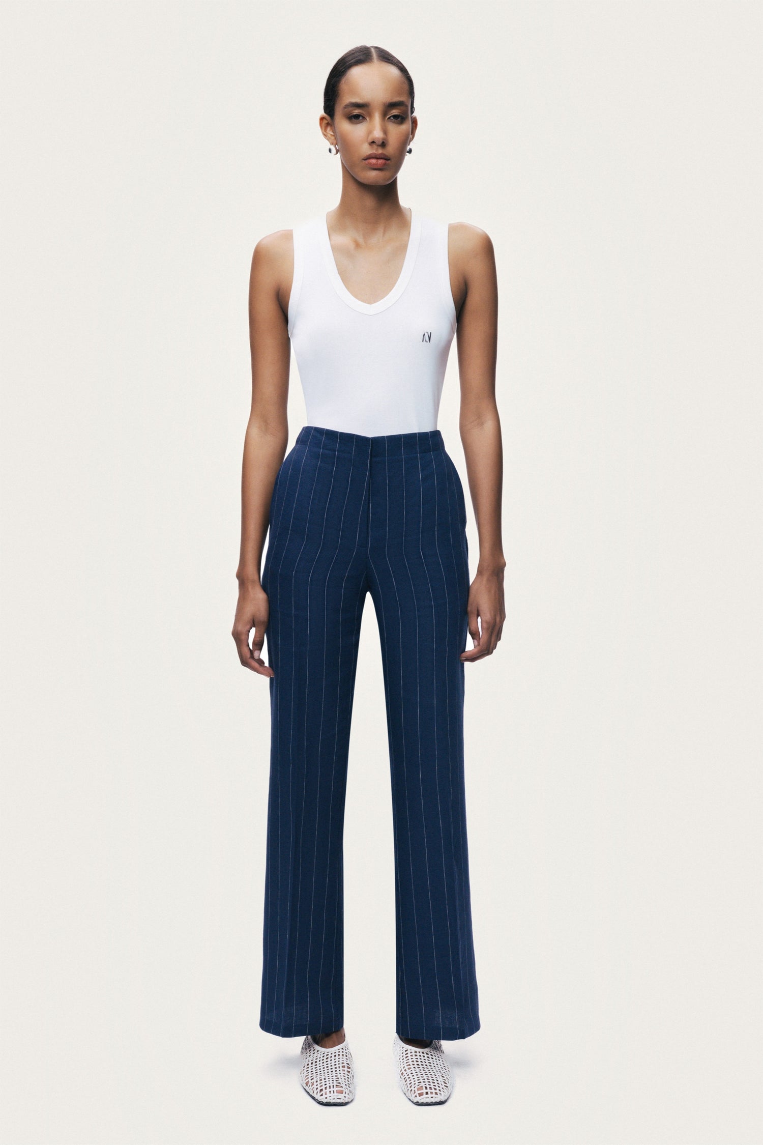 Navy Pinstripe Wide Leg Trousers