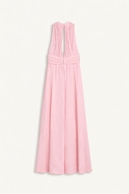 Pleated Halterneck Maxi Dress with Brooch Detail